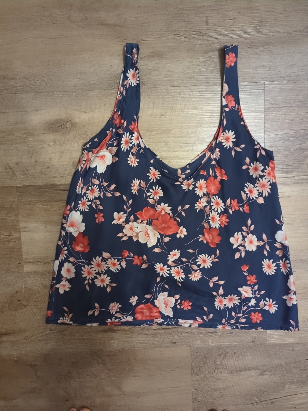 Women's Navy Floral Tank Top with Coral and Cream Blooms
